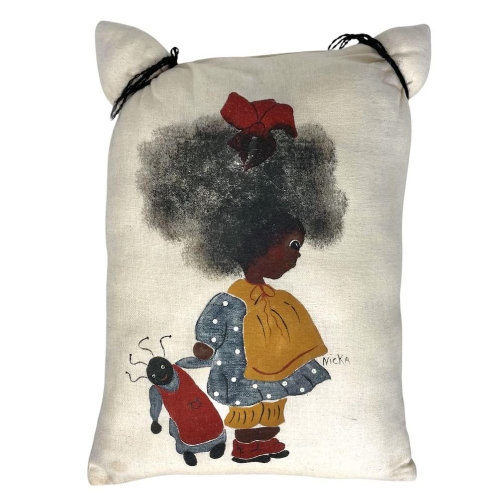 Vintage Nicka African American Folk Art Hand Painted Burlap Pillow 12x15